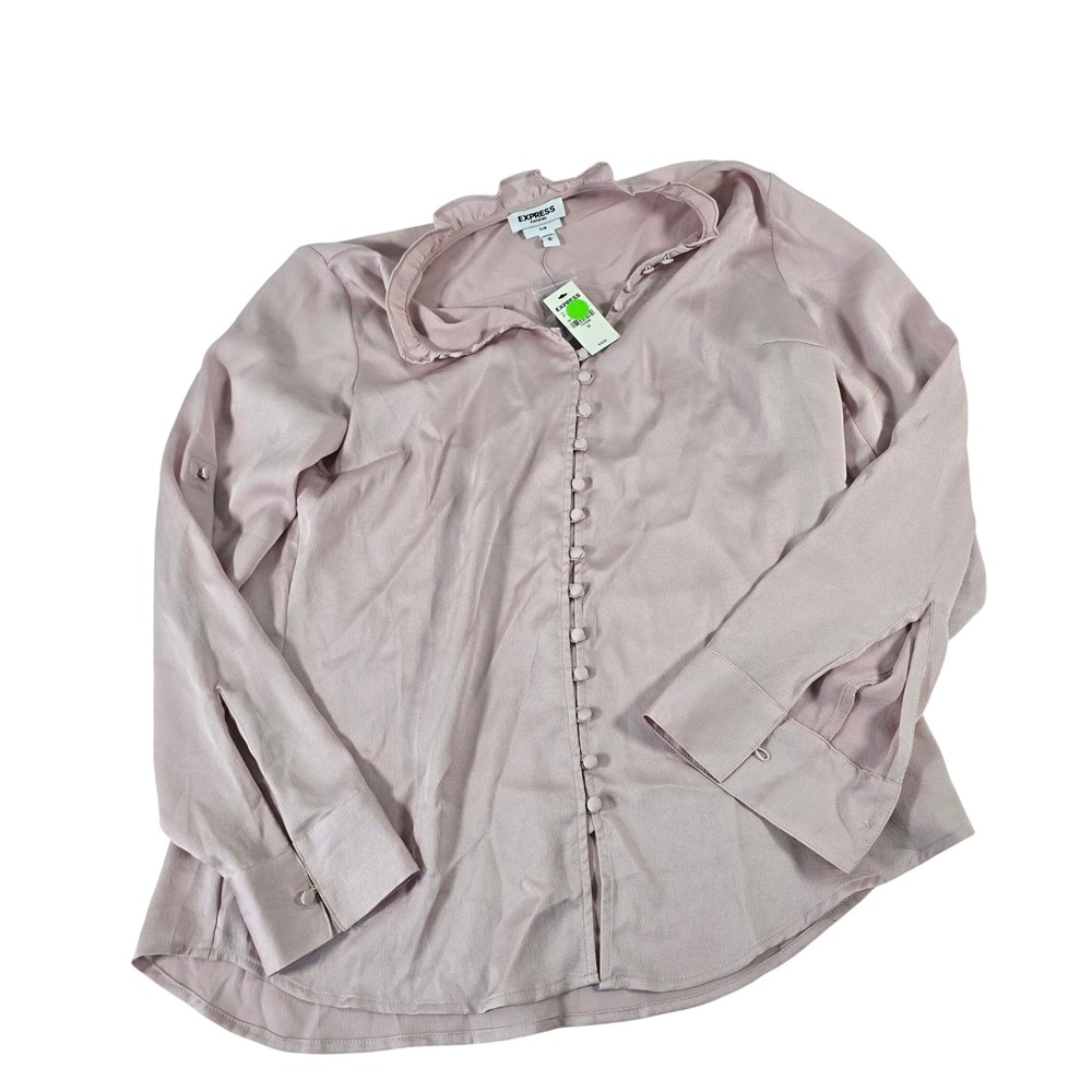 Express Portofino Slim Blouse Womens‎ Medium Pink Ruffle Collar Button Up New